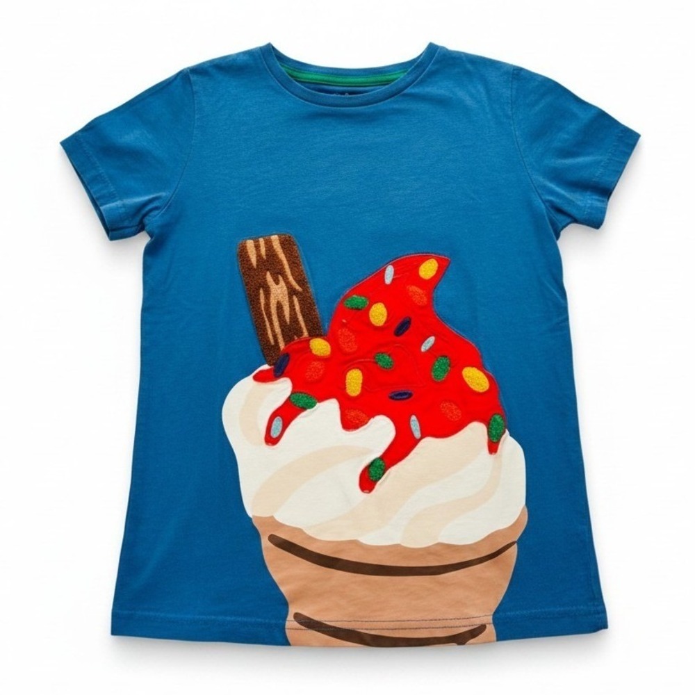 Mini Boden Ice Cream Graphic T Shirt Knit Crew Neck Blue Pullover Size 8-9